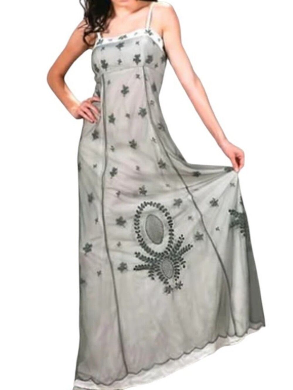 Hopeless Romantic Grey Embroidered Maxi dress 20s Gatsby Victorian White Size S